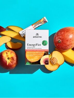 Arbonne EnergyFizz Mango Peach Ginseng Drink Sticks - White & Orange Packaging